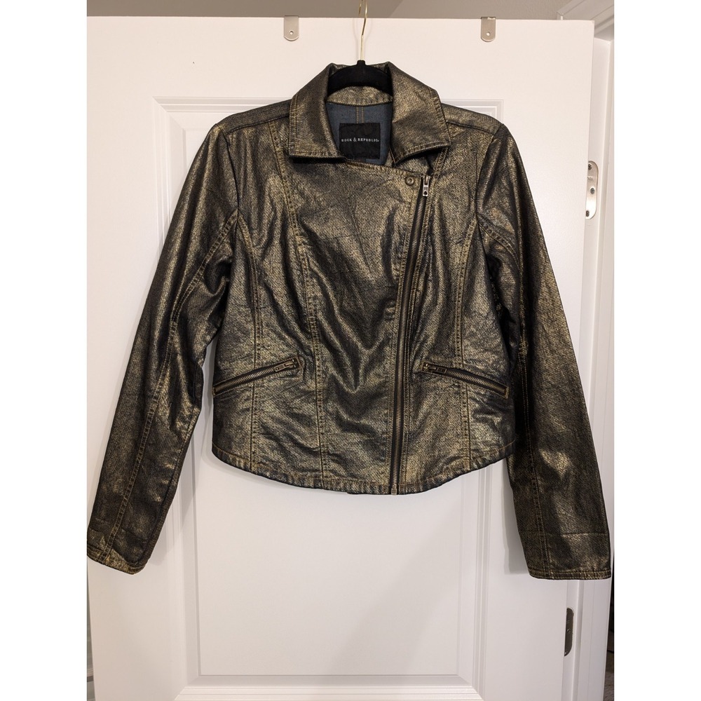 Rock & Republic Y2K Metallic Foil Moto Jacket Bronze Cotton Blend Women's L